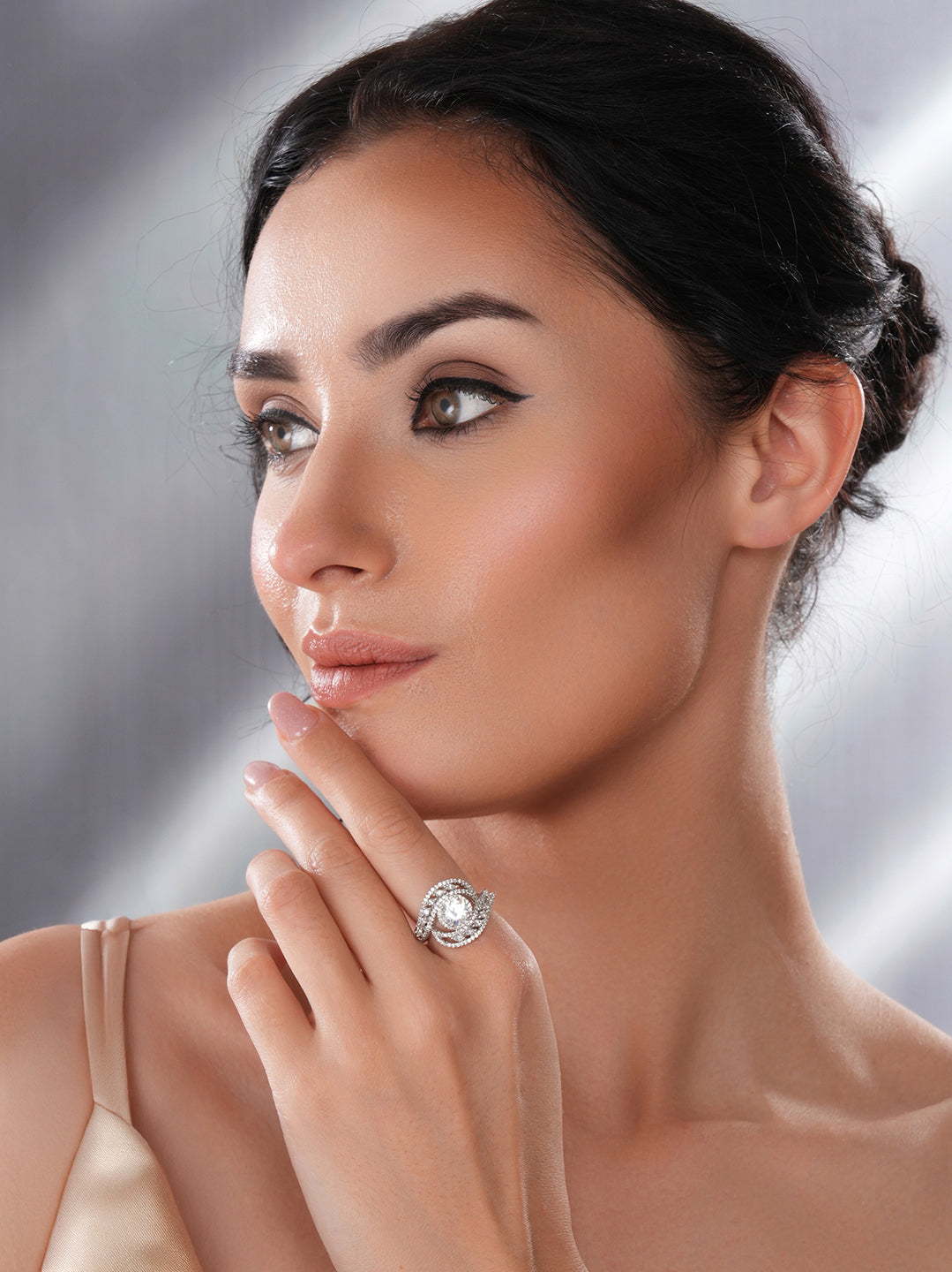 White Rhodium Cubic Zircon Studded Marriage Propose Adjustable Cocktail Finger Ring